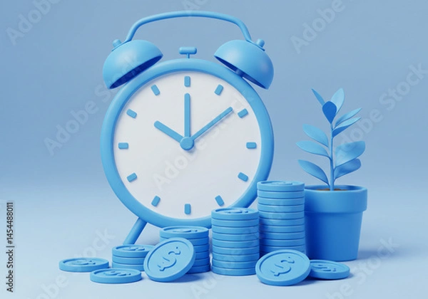 Obraz Time is Money Concept with Clock, Coins, and Plant in Blue Tones