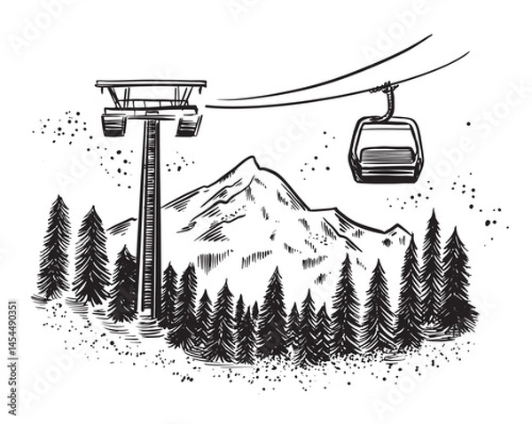Fototapeta Landscape mountains. Ski lift with tree, on white, sketch, hand drawn illustrations