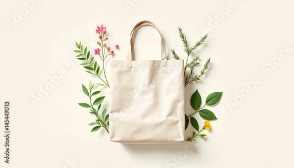 Obraz A simple Eco beige canvas tote bag surrounded by various green branches and small flowers on a light background