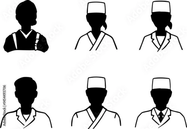 Obraz 和食店店員のシルエットイラストセット　黒