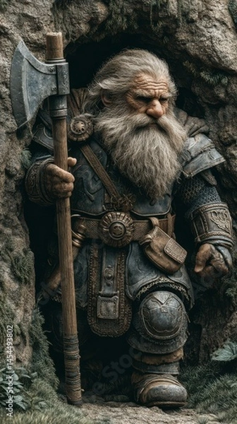 Fototapeta Dwarven warrior stands at cave entrance ready for adventure in ancient forest during twilight