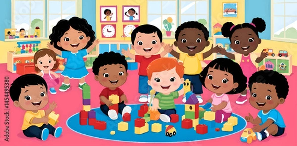 Obraz Children playing in a colorful kindergarten classroom