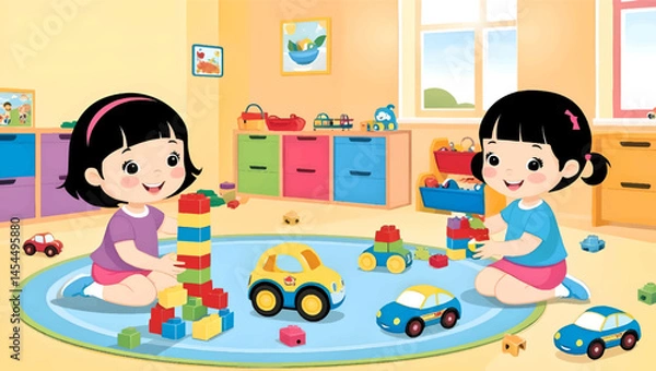 Obraz Kids playing with blocks and toy cars in a colorful classroom
