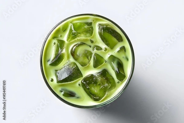Fototapeta Refreshing Green Drink with Ice Cubes in a Clear Glass on Table