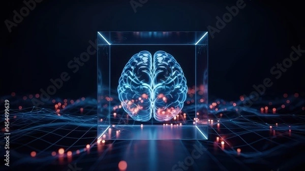 Fototapeta Blue translucent brain in cube with glowing red neural pathways