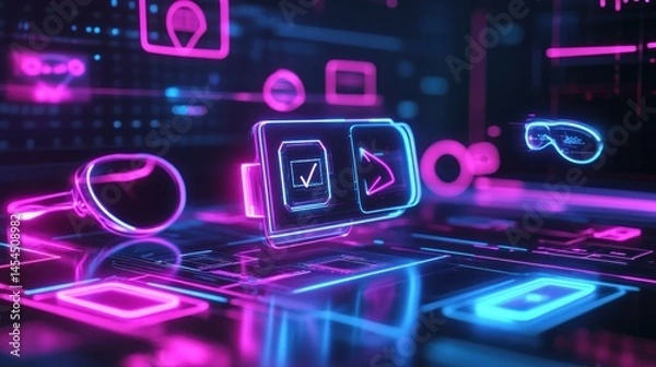 Obraz Futuristic digital interface with glowing icons.  Interactive technology concepts