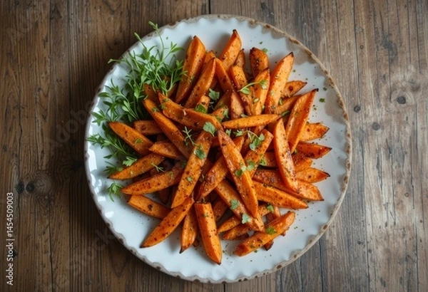 Fototapeta Plate of sweet potato fries with microgreens on the side, top view, on wooden background.