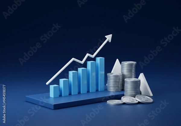 Fototapeta Increasing Bar Graph with Arrow and Coins Illustrating Growth
