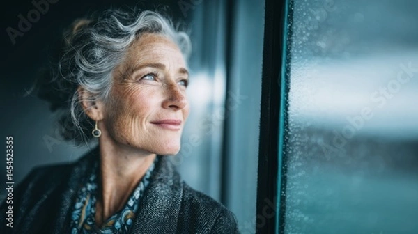 Obraz Ältere Frau blickt lächelnd aus dem Fenster, Senior woman smiling while looking out the window