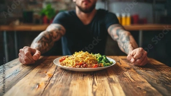 Obraz A man with tattoos sits at a wooden table, confronting food.