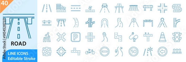 Fototapeta Set outline icons related to road infrastructure. Linear icon collection. Editable stroke. Vector illustration