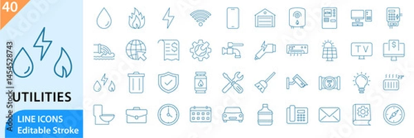 Obraz Set of outline icons related to public and private utilities. Linear icon collection. Editable stroke. Vector illustration