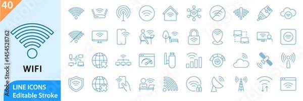 Fototapeta Wifi icon set. Containing online, signal, wireless, internet, and more. Set of line icons related to wireless, internet, computer, wifi router. vector illustration. editable stroke.