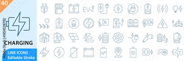Fototapeta Electronic Charging, linear style icon set. Charging icon set. Containing charge, battery, energy, electricity etc. Vector illustration. Editable stroke.
