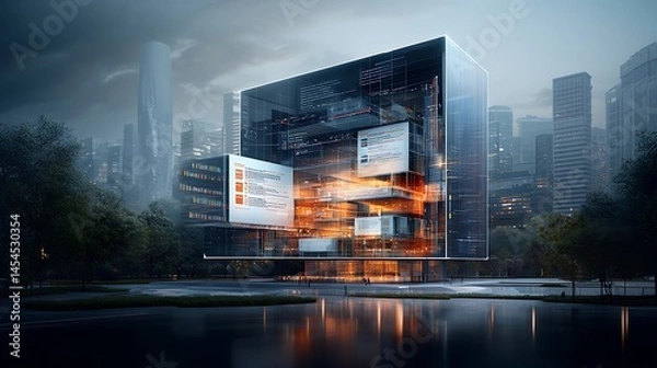Fototapeta Futuristic building with digital displays
