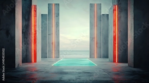 Fototapeta Futuristic concrete structure with neon lighting