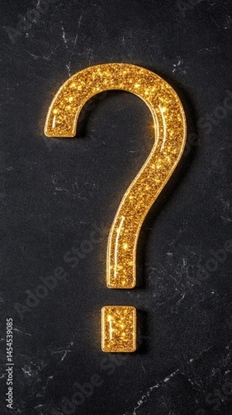 Fototapeta A glittering gold question mark shines against a dark marble textured background