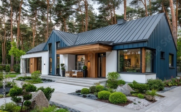 Fototapeta A modern barn-style house, with a blue, white, and brown color scheme, features small windows on the front