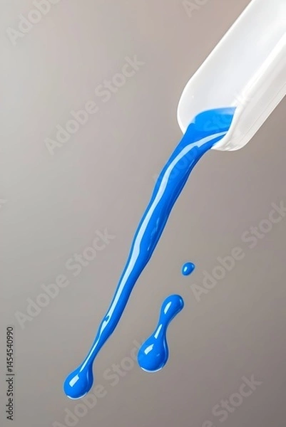 Fototapeta Vibrant blue liquid pours from a scoop, creating dynamic drips and splashes against a neutral backdrop