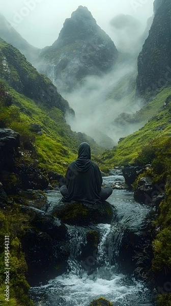Fototapeta A meditative figure contemplates the misty mountain stream below an ancient bridge