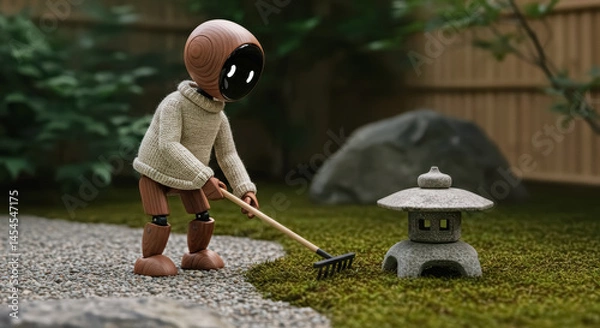 Obraz Wooden eco robot tending to a serene garden with natural elements and a stone lantern