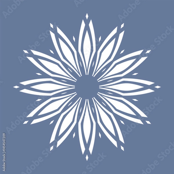Fototapeta Abstract Flower Icon. Radial Geometric Circle Floral Pattern. Decorative Round White Design Element on Blue Background.