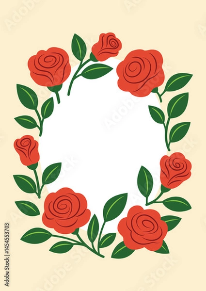 Obraz card template with red roses frame in vintage design, isolated vector illustration, design for greeting cards, invitation, poster,banner,prints