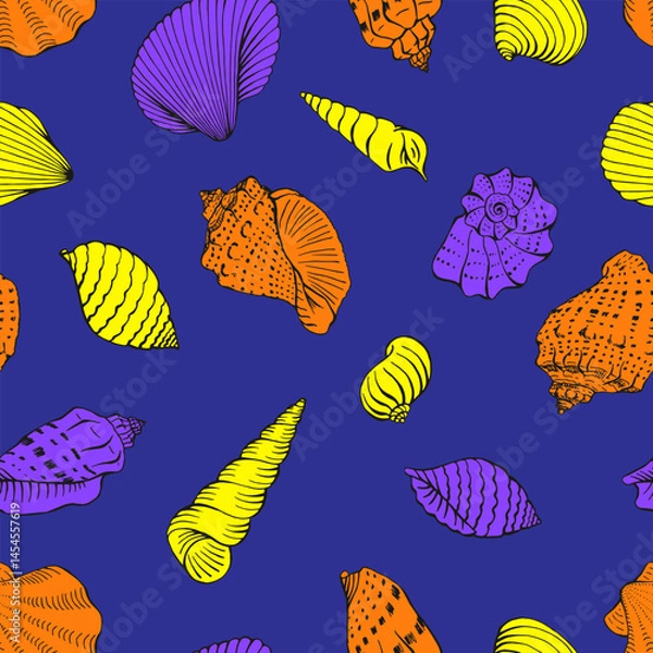 Fototapeta Seamless pattern with seashells. Hand drawn vector illustration.