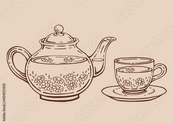 Fototapeta Tea set with glass teapot and cup, chamomile. Hand drawn vector illustration in outline style.
