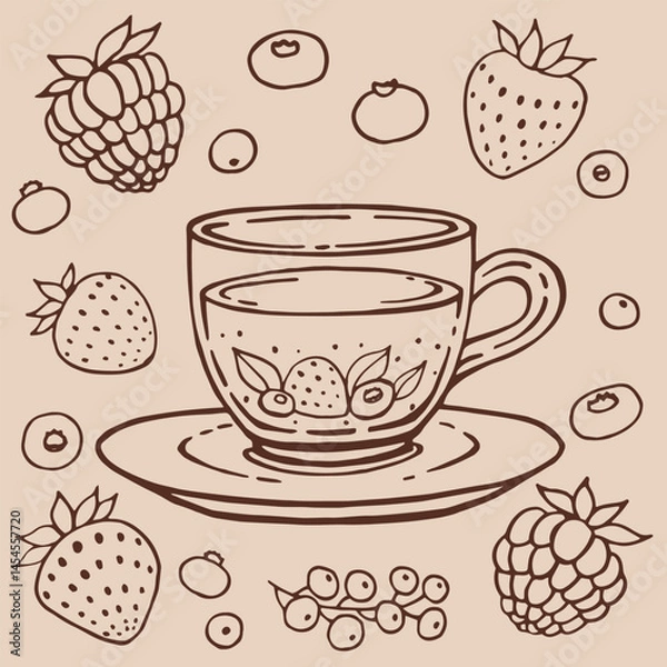 Fototapeta Set with glass cup tea, berries. Hand drawn vector illustration in outline style.