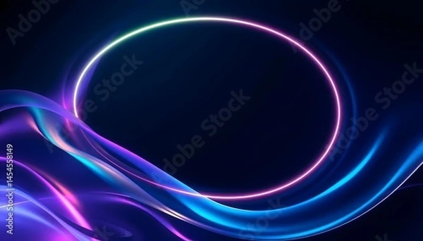 Fototapeta Abstract dark holographic iridescent neon background fluid liquid glass curved wave in motion 3d render background. Modern glowing neon wave line pattern on a dark abstract background