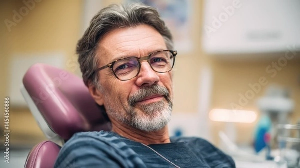 Fototapeta Mature man with glasses sits in a dentist chair smiling calmly He's awaiting dental care or a checkup