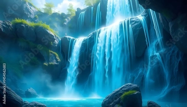 Fototapeta artwork captures enchanting and serene qualities of a blue waterfall, highlighting its mesmerizing turquoise or azure colors and contrasting scenery