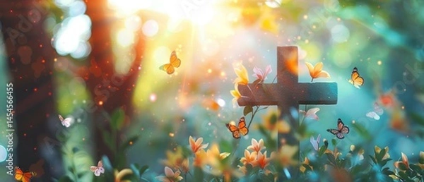 Fototapeta Cross surrounded by butterflies glowing warmth