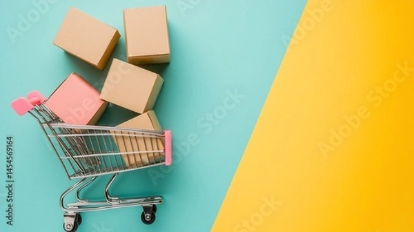 Obraz Whimsical shopping scene: a mini cart filled with deliveries on split background
