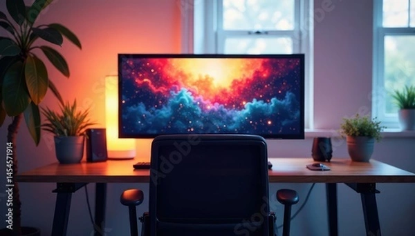 Fototapeta Empty chair facing computer screen, bright room, wireless, bright