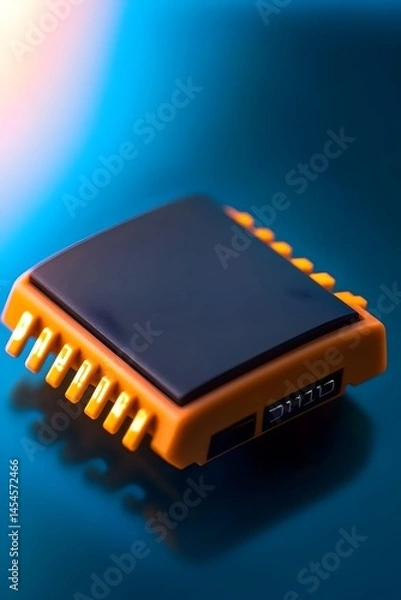 Fototapeta A close-up of a small, square, orange electronic component with multiple pins, set against a blue reflective surface