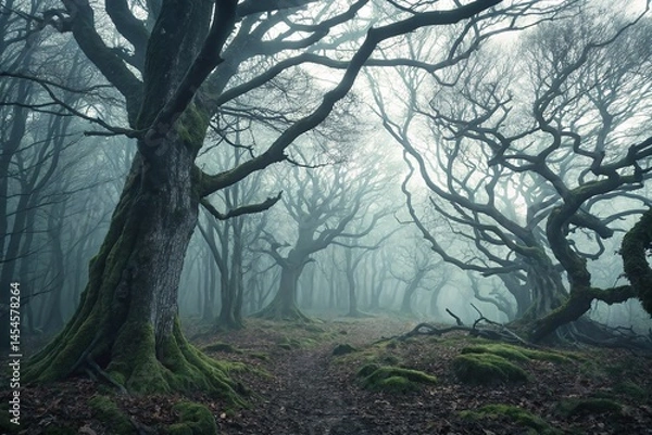 Fototapeta Mysterious Foggy Forest Pathway with Twisted Trees and Lush Green Moss