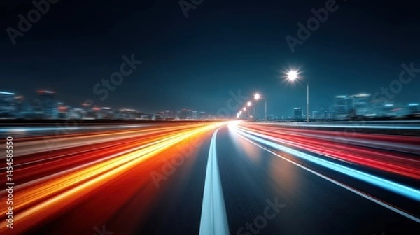 Fototapeta A city highway at night with colorful light trails from fast-moving vehicles, showcasing urban speed and vibrant nightlife.