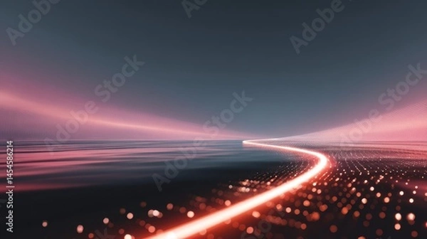 Fototapeta A glowing red light trail curves through a futuristic, abstract landscape filled with sparkling digital points and a dark sky.