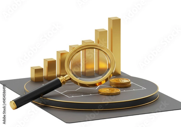 Fototapeta Analyzing Financial Growth Chart with Magnifying Glass and Coins