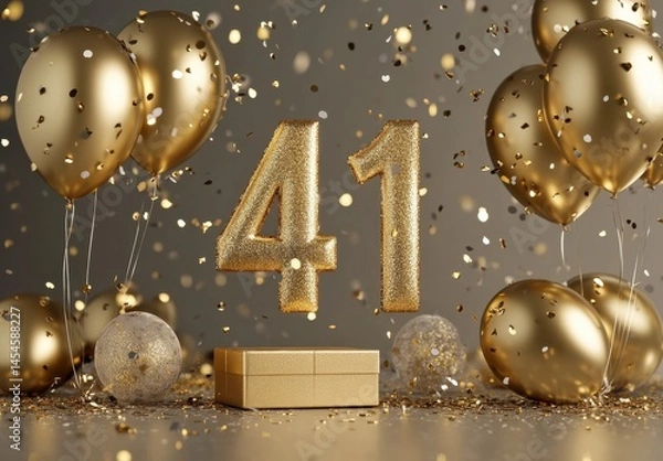 Obraz Golden Balloons and Sparkling Decorations for Celebration of 41