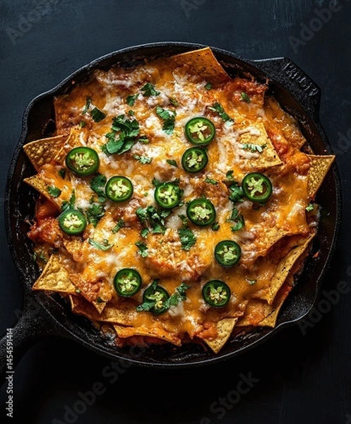 Fototapeta Delicious Cheesy Nachos Topped with Fresh Jalapeños and Cilantro in a Cast Iron Skillet