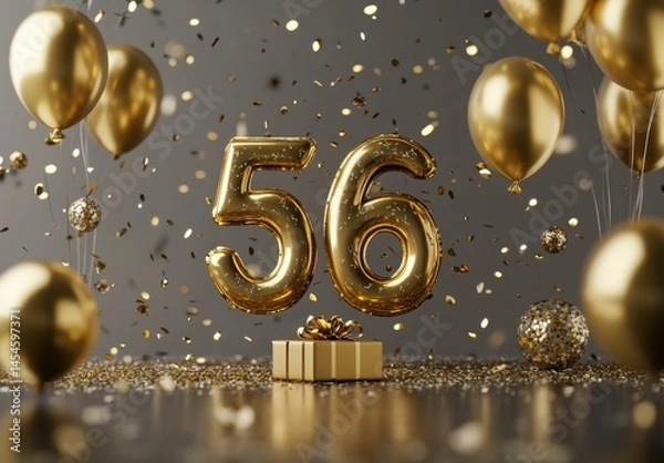 Obraz Golden Balloons and Confetti Celebrate 56th Birthday Party Scene