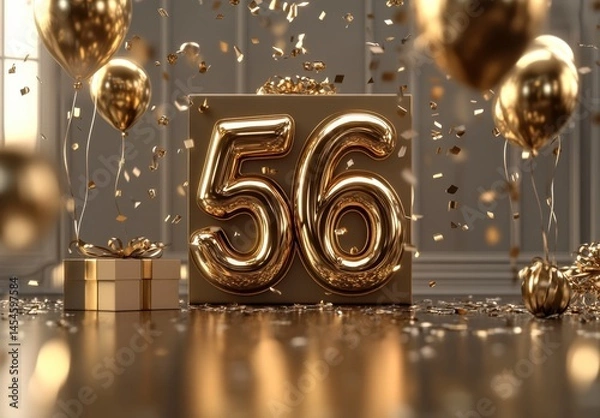 Obraz Elegant Gold Number 56 Surrounded by Balloons and Confetti Celebration