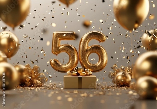 Obraz Golden Celebration with Number 56, Balloons, and Festive Confetti
