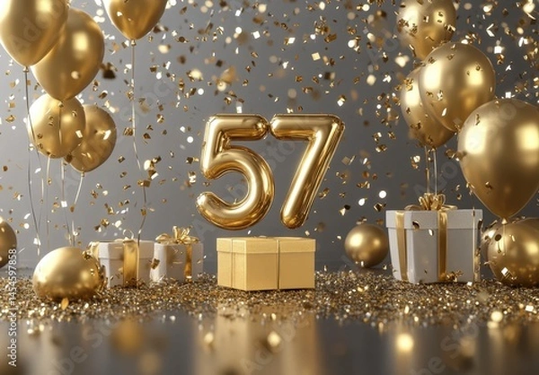 Obraz Golden Celebration with Balloons, Confetti, and Gifts for 57th Birthday