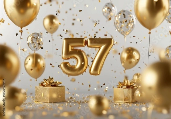 Obraz Golden Celebration with Number 57 Balloons and Festive Decorations