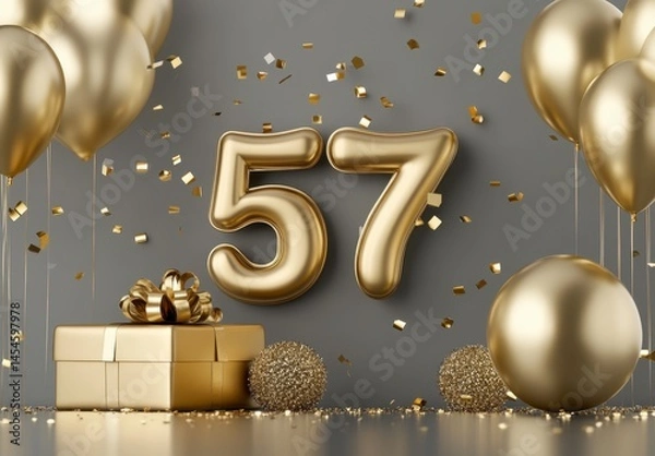 Obraz Golden Decorations with Number 57, Balloons, Gifts, and Confetti