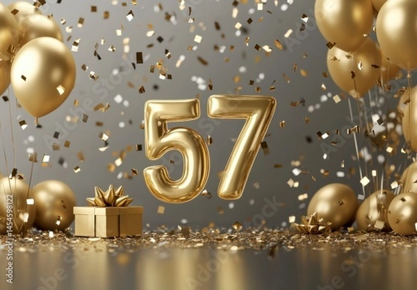 Obraz Celebration with Golden Balloons and Number 57 Surrounded by Confetti